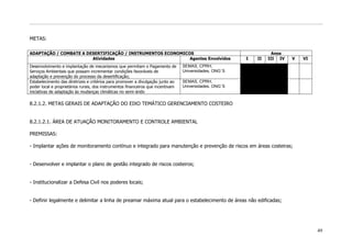 METAS:

ADAPTAÇÃO / COMBATE A DESERTIFICAÇÃO / INSTRUMENTOS ECONOMICOS                                                      Anos
                        Atividades                           Agentes Envolvidos                          I   II   III IV   V   VI
Desenvolvimento e implantação de mecanismos que permitam o Pagamento de           SEMAS, CPRH,
Serviços Ambientais que possam incrementar condições favoráveis de                Universidades, ONG`S
adaptação e prevenção do processo da desertificação;
Estabelecimento das diretrizes e critérios para promover a divulgação junto ao    SEMAS, CPRH,
poder local e proprietários rurais, dos instrumentos financeiros que incentivam   Universidades, ONG`S
iniciativas de adaptação às mudanças climáticas no semi-árido

8.2.1.2. METAS GERAIS DE ADAPTAÇÃO DO EIXO TEMÁTICO GERENCIAMENTO COSTEIRO


8.2.1.2.1. ÁREA DE ATUAÇÃO MONITORAMENTO E CONTROLE AMBIENTAL

PREMISSAS:

- Implantar ações de monitoramento contínuo e integrado para manutenção e prevenção de riscos em áreas costeiras;


- Desenvolver e implantar o plano de gestão integrado de riscos costeiros;


- Institucionalizar a Defesa Civil nos poderes locais;


- Definir legalmente e delimitar a linha de preamar máxima atual para o estabelecimento de áreas não edificadas;




                                                                                                                                    49
 