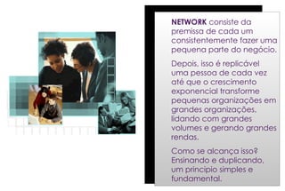NETWORK  consiste da premissa de cada um consistentemente fazer uma pequena parte do negócio.  Depois, isso é replicável uma pessoa de cada vez até que o crescimento exponencial transforme pequenas organizações em grandes organizações, lidando com grandes volumes e gerando grandes rendas.  Como se alcança isso? Ensinando e duplicando, um principio simples e fundamental. 