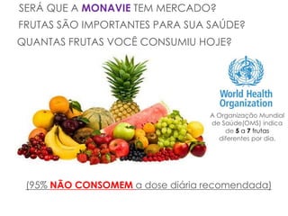 SERÁ QUE A MONAVIE TEM MERCADO?
FRUTAS SÃO IMPORTANTES PARA SUA SAÚDE?
QUANTAS FRUTAS VOCÊ CONSUMIU HOJE?




                                 A Organização Mundial
                                 de Saúde(OMS) indica
                                     de 5 a 7 frutas
                                   diferentes por dia.




 (95% NÃO CONSOMEM a dose diária recomendada)
 