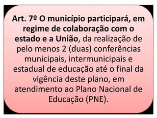 Art. 7º O município participará, em
regime de colaboração com o
estado e a União, da realização de
pelo menos 2 (duas) conferências
municipais, intermunicipais e
estadual de educação até o final da
vigência deste plano, em
atendimento ao Plano Nacional de
Educação (PNE).
 