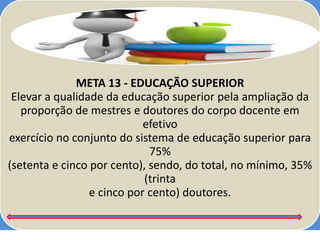 META 13 - EDUCAÇÃO SUPERIOR
Elevar a qualidade da educação superior pela ampliação da
proporção de mestres e doutores do corpo docente em
efetivo
exercício no conjunto do sistema de educação superior para
75%
(setenta e cinco por cento), sendo, do total, no mínimo, 35%
(trinta
e cinco por cento) doutores.
 