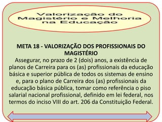 META 18 - VALORIZAÇÃO DOS PROFISSIONAIS DO
MAGISTÉRIO
Assegurar, no prazo de 2 (dois) anos, a existência de
planos de Carreira para os (as) profissionais da educação
básica e superior pública de todos os sistemas de ensino
e, para o plano de Carreira dos (as) profissionais da
educação básica pública, tomar como referência o piso
salarial nacional profissional, definido em lei federal, nos
termos do inciso VIII do art. 206 da Constituição Federal.
 