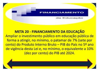 META 20 - FINANCIAMENTO DA EDUCAÇÃO
Ampliar o investimento público em educação pública de
forma a atingir, no mínimo, o patamar de 7% (sete por
cento) do Produto Interno Bruto – PIB do País no 5º ano
de vigência desta Lei e, no mínimo, o equivalente a 10%
(dez por cento) do PIB até 2024.
 