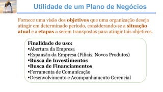 Utilidade de um Plano de Negócios
Fornece uma visão dos objetivos que uma organização deseja
atingir em determinado período, considerando-se a situação
atual e a etapas a serem transpostas para atingir tais objetivos.
Finalidade de uso:
▪Abertura da Empresa
▪Expansão da Empresa (Filiais, Novos Produtos)
▪Busca de Investimentos
▪Busca de Financiamentos
▪Ferramenta de Comunicação
▪Desenvolvimento e Acompanhamento Gerencial
 
