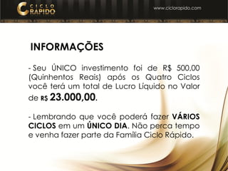 INFORMAÇÕES
- Seu ÚNICO investimento foi de R$ 500,00
(Quinhentos Reais) após os Quatro Ciclos
você terá um total de Lucro Líquido no Valor
de R$ 23.000,00.
- Lembrando que você poderá fazer VÁRIOS
CICLOS em um ÚNICO DIA. Não perca tempo
e venha fazer parte da Família Ciclo Rápido.
 