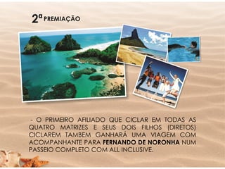 - O PRIMEIRO AFILIADO QUE CICLAR EM TODAS AS
QUATRO MATRIZES E SEUS DOIS FILHOS (DIRETOS)
CICLAREM TAMBEM GANHARÁ UMA VIAGEM COM
ACOMPANHANTE PARA FERNANDO DE NORONHA NUM
PASSEIO COMPLETO COM ALL INCLUSIVE.
 