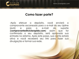 Como fazer parte?
-Após efetuar o depósito, você enviará o
comprovante escaneado para o e-mail do seu Upline
(avô) e para o e-mail do suporte
(comprovantes@ciclorapido.com) assim que for
confirmado o seu depósito, será aprovada sua
entrada no sistema. Após este passo, sua conta estará
ativa e você receberá seu link para fazer sua
divulgação e formar sua rede.
 