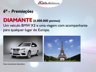 6ª - Premiações

DIAMANTE (6.000.000 pontos)
Um veículo BMW X3 e uma viagem com acompanhante
para qualquer lugar do Europa.

Fotos meramente ilustrativas

 