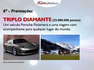 6ª - Premiações

TRIPLO DIAMANTE (25.000.000 pontos)
Um veículo Porsche Panamera e uma viagem com
acompanhante para qualquer lugar do mundo.

Fotos meramente ilustrativas

 