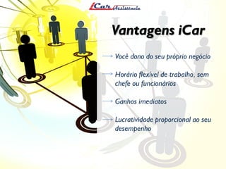 Veja como a iCar pode ajudar
Vantagens iCar
você realizar os seus sonhos
Você dono do seu próprio negócio
Horário flexível de trabalho, sem
chefe ou funcionários
Ganhos imediatos
Lucratividade proporcional ao seu
desempenho

 