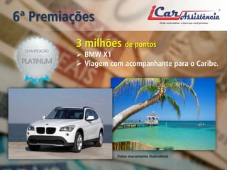 6ª Premiações 
3 milhões de pontos 
 
BMW X1 
 
Viagem com acompanhante para o Caribe. 
Fotos meramente ilustrativas  