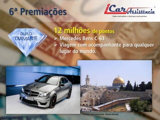 6ª Premiações 
Fotos meramente ilustrativas 
12 milhões de pontos 
 
Mercedes Bens C-63 
 
Viagem com acompanhante para qualquer lugar do mundo.  