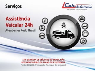 Assistência Veicular 24h 
Atendemos todo Brasil 
72% DA FROTA DE VEÍCULOS DO BRASIL NÃO POSSUEM SEGURO OU PLANO DE ASSISTÊNCIA Fonte: FENSEG (Federação Nacional de Seguros) 
Serviços  