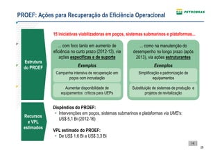 PROEF: Ações para Recuperação da Eficiência Operacional

              15 iniciativas viabilizadoras em poços, sistemas submarinos e plataformas...

                 ... com foco tanto em aumento de           ... como na manutenção do
              eficiência no curto prazo (2012-13), via   desempenho no longo prazo (após
                  ações específicas e de suporte          2013), via ações estruturantes
  Estrutura
  do PROEF                  Exemplos                                  Exemplos
               Campanha intensiva de recuperação em         Simplificação e padronização de
                     poços com incrustação                            equipamentos

                    Aumentar disponibilidade de          Substituição de sistemas de produção e
                  equipamentos críticos para UEPs                projetos de revitalização


              Dispêndios do PROEF:
               • Intervenções em poços, sistemas submarinos e plataformas via UMS's:
  Recursos
                 US$ 5,1 Bi (2012-16)
    e VPL
  estimados
              VPL estimado do PROEF:
               • De US$ 1,6 Bi a US$ 3,3 Bi

                                                                                                  28
 