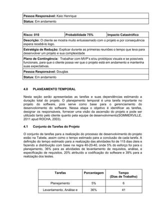 Pessoa Responsável: ​Kaio Henrique
Status: ​Em andamento
 Risco: 010 Probabilidade 75% Impacto Catastrófico
Descrição: ​O cliente se mostra muito entusiasmado com o projeto e por consequência
espera recebê-lo logo.
Estratégia de Redução: ​Explicar durante as primeiras reuniões o tempo que leva para
desenvolver um projeto e sua complexidade
Plano de Contingência: ​Trabalhar com MVP’s e/ou protótipos visuais e se possíveis
funcionais, para que o cliente possa ver que o projeto está em andamento e mantenha
suas expectativas.
Pessoa Responsável: ​Douglas
Status: ​Em andamento
4.0 PLANEAMENTO TEMPORAL
Nesta seção serão apresentadas as tarefas e suas dependências estimando a
duração total do projeto. O planejamento temporal é uma tarefa importante no
projeto do software, pois serve como base para o gerenciamento do
desenvolvimento do software. Nessa etapa o objetivo é identificar as tarefas,
designar os responsáveis, fornecer uma visão da ascensão do projeto e pode ser
utilizado tanto pelo cliente quanto pela equipe de desenvolvimento(SOMMERVILLE,
2011 apud ROCHA, 2003).
4.1 Conjunto de Tarefas do Projeto
O conjunto de tarefas para a realização do processo de desenvolvimento do projeto
estão na Tabela, assim como o tempo estimado para a conclusão de cada tarefa. A
definição do tempo estimado para a realização das atividades foi de 115 dias úteis e
fazendo a distribuição com base na regra 40-20-40, onde 5% do esforço foi para o
planejamento, 36% para as atividades de levantamento de requisitos, análise, e
especificação de requisitos, 20% atribuído a codificação do software e 39% para a
realização dos testes.
Tarefas Porcentagem Tempo
(Dias de Trabalho)
Planejamento 5% 6
Levantamento, Análise e 36% 41
 