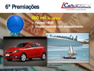 6ª Premiações 
600 mil de pontos 
 Hyundai HB20 
 Viagem nacional comacompanhante. 
Fotos meramente 
ilustrativas 
 