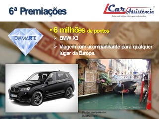 6ª Premiações 
• 6milhões de pontos 
Fotos meramente 
ilustrativas 
 BMWX3 
 Viagem comacompanhante para qualquer 
lugar da Europa. 
 
