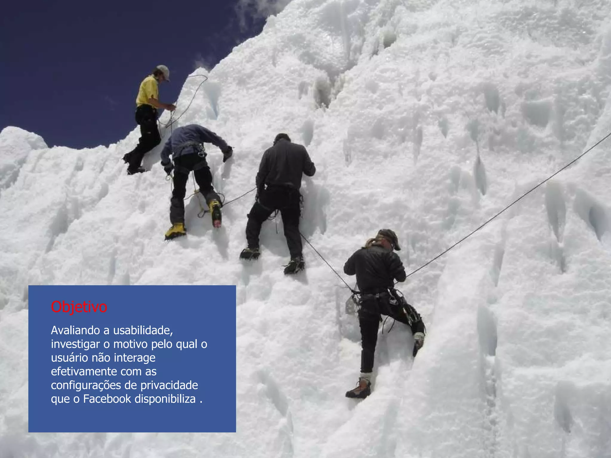 Avaliando a usabilidade, investigar o motivo pelo qual o usuário não interage efetivamente com as configurações de privacidade que o Facebook disponibiliza . Objetivo 