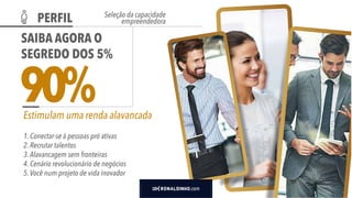PERFIL
90%Estimulam uma renda alavancada
SAIBA AGORA O
SEGREDO DOS 5%
1. Conectar-se à pessoas pró ativas
2. Recrutar talentos
3.Alavancagem sem fronteiras
4. Cenário revolucionário de negócios
5.Você num projeto de vida inovador
.com
Seleção da capacidade
empreendedora
 