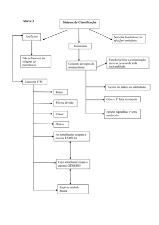 Anexo 3                     Sistema de Classificação



  Artificiais                                                Naturais baseiam-se em
                                                             relações evolutivas.
                                      Taxonomia



Não se baseiam em
                                                         Função facilitar a comunicação
relações de
                               Conjunto de regras de     entre as pessoas de toda
parentescos
                               nomenclatura.             nacionalidade.
evolutivos.



 Lineu em 1735
                                                        Escrito em itálico ou sublinhado.
                    Reino

                                                       Gênero 1º letra maiúscula.
                    Filo ou divisão


                                                       Epíteto específico 1º letra
                    Classe                             minúscula.


                    Ordem


                    As semelhantes ocupam a
                    mesma FAMÍLIA




                      Cuja semelhante ocupa o
                      mesmo GÊNERO




                       Espécie unidade
                       básica
 