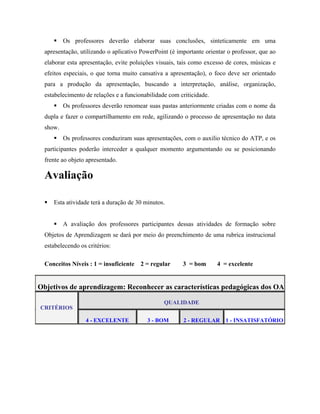 Os professores deverão elaborar suas conclusões, sinteticamente em uma
  apresentação, utilizando o aplicativo PowerPoint (é importante orientar o professor, que ao
  elaborar esta apresentação, evite poluições visuais, tais como excesso de cores, músicas e
  efeitos especiais, o que torna muito cansativa a apresentação), o foco deve ser orientado
  para a produção da apresentação, buscando a interpretação, análise, organização,
  estabelecimento de relações e a funcionabilidade com criticidade.
          Os professores deverão renomear suas pastas anteriormente criadas com o nome da
  dupla e fazer o compartilhamento em rede, agilizando o processo de apresentação no data
  show.
          Os professores conduziram suas apresentações, com o auxilio técnico do ATP, e os
  participantes poderão interceder a qualquer momento argumentando ou se posicionando
  frente ao objeto apresentado.

  Avaliação

     Esta atividade terá a duração de 30 minutos.


          A avaliação dos professores participantes dessas atividades de formação sobre
  Objetos de Aprendizagem se dará por meio do preenchimento de uma rubrica instrucional
  estabelecendo os critérios:

  Conceitos Níveis : 1 = insuficiente 2 = regular       3 = bom       4 = excelente


Objetivos de aprendizagem: Reconhecer as características pedagógicas dos OA

                                                 QUALIDADE
CRITÉRIOS

                  4 - EXCELENTE           3 - BOM       2 - REGULAR      1 - INSATISFATÓRIO
 