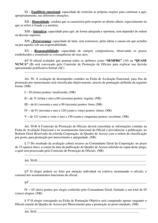 XI – Equilíbrio emocional: capacidade de controlar as próprias reações para continuar a agir,
apropriadamente, nas diferentes situações;
XII – Honestidade: conduta que se caracteriza pelo respeito ao direito alheio, especialmente no
que se refere à fraude e a mentira;
XIII – Iniciativa: capacidade para agir, de forma adequada e oportuna, sem depender de ordem
ou decisão superior;
XIV - Perseverança: capacidade de lutar, sem esmorecer, pelas idéias e causas em que acredita
ou por aquelas sob sua responsabilidade;
XV - Responsabilidade: capacidade de cumprir compromissos, observando os prazos
estabelecidos e assumindo as consequências de seus atos;
§4º O oficial avaliador que pontuar todos os atributos como “SEMPRE” (10) ou “QUASE
NUNCA” (2) será convocado pela Comissão de Promoção de Oficiais para explicar sua decisão
apresentando justificativa formal (AC)
.........................................................................................................................................................
Art. 50. A avaliação de desempenho contidos na Ficha de Avaliação Funcional, para fins de
promoção por merecimento será classificada objetivamente, através de pontuação atribuída da seguinte
forma: (NR)
I – 30 (trinta) pontos: insuficiente; (NR)
II – de 31 (trinta e um) a 60 (sessenta) pontos: regular; (NR)
III – de 61 (sessenta e um) a 90 (noventa) pontos: bom; (NR)
IV – de 91 (noventa e um) a 120 (cento e vinte) pontos: ótimo; (NR)
V – de 121 (cento e vinte e um) a 150 (cento e cinquenta) pontos: excelente. (NR)
.........................................................................................................................................................
Art. 50-B A Comissão de Promoção de Oficiais deverá consolidar as informações contidas na
Ficha de Avaliação Funcional e no assentamento funcional do Oficial e providenciar a publicação, no
Boletim Geral Reservado da referida Corporação, do Quadro de Acesso com a ordem de classificação
por posto, para promoção por merecimento e antiguidade. (NR)
§ 1º Do resultado da avaliação caberá recurso ao Comandante Geral da Corporação, no prazo
de 15 (quinze dias), a contar da data da publicação do Quadro de Acesso referido no caput deste artigo,
o qual será processado pela Comissão de Promoção de Oficiais. (NR)
.........................................................................................................................................................
Art. 50-D.........................................................................................................................................
.........................................................................................................................................................
§3º O elogio poderá ser feito por menção individual ou coletiva (nominando o oficial), e
constará nos assentamentos funcionais do oficial.
§4º ...................................................................................................................................................
IV – 02 (dois) pontos por elogio conferido pelo Comandante Geral, limitado a um total de 05
(cinco) elogios. (NR)
§ 5º O elogio consignado na Ficha de Pontuação Objetiva será computado apenas enquanto o
Oficial constar do Quadro de Acesso por Merecimento para a promoção ao posto imediato. (NR)
.........................................................................................................................................................
Art. 50-E ................................................................................................................................
 
