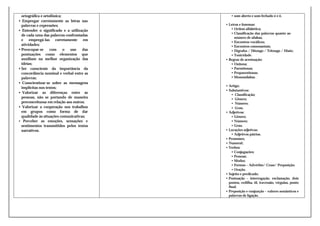 ortográfica e ortofônica;
• Empregar corretamente as letras nas
palavras e expressões;
• Entender o significado e a utilização
de cada uma das palavras confrontadas
e empregá-las corretamente em
atividades;
• Preocupar-se
com
o
uso
das
pontuações como elementos que
auxiliam na melhor organização das
ideias;
• Ser consciente da importância da
concordância nominal e verbal entre as
palavras;
• Conscientizar-se sobre as mensagens
implícitas nos textos;
• Valorizar as diferenças entre as
pessoas, não se portando de maneira
preconceituosa em relação aos outros;
• Valorizar a cooperação nos trabalhos
em grupos como forma de dar
qualidade às situações comunicativas;
• Perceber as emoções, sensações e
sentimentos transmitidos pelos textos
narrativos.

• som aberto e som fechado ó e ô.
• Letras e fonemas:
• Ordem alfabética;
• Classificação das palavras quanto ao
número de sílabas;
• Encontros vocálicos;
• Encontros consonantais;
• Dígrafos / Ditongo / Tritongo / Hiato;
• Tonicidade.
• Regras de acentuação:
• Oxítona;
• Paroxítonas;
• Proparoxítonas;
• Monossílabas.
• Artigo;
• Substantivos:
• Classificação;
• Gênero;
• Número;
• Grau.
• Adjetivos:
• Gênero;
• Número;
• Grau.
• Locuções adjetivas:
• Adjetivos pátrios.
• Pronomes;
• Numeral;
• Verbos:
• Conjugações;
• Pessoas;
• Modos;
• Formas – Advérbio/ Crase/ Preposição;
• Oração.
• Sujeito e predicado;
• Pontuação – interrogação, exclamação, dois
pontos, cedilha, til, travessão, vírgulas, ponto
final;
• Preposição e conjunção – valores semânticos e
palavras de ligação.

 