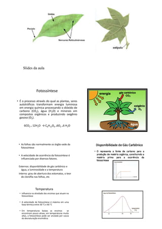 Slides da aula




                   Fotossíntese

• É o processo através do qual as plantas, seres
  autotróficos transformam energia luminosa
  em energia química processando o dióxido de
  carbono (CO2), água (H2O) e minerais em
  compostos orgânicos e produzindo oxigênio
  gasoso (O2).

      6CO2 ₊ 12H2O → C6H12O6 ₊6O2 ₊6 H2O




 • As folhas são normalmente os órgão-sede da
   fotossíntese

 • A velocidade de ocorrência da fotossíntese é
   influenciada por diversos fatores.

 Externos: disponibilidade de gás carbônico e
   água, a luminosidade e a temperatura
 Interno: grau de abertura dos estomatos, o teor
   de clorofila nas folhas, etc



                 Temperatura
  • Influencia na atividade das enzimas que atuam na
    fotossíntese

  • A velocidade de fotossíntese é máxima em uma
    faixa térmica entre 30 °C e 40 °C

  • Em temperaturas baixas as enzimas             se
    encontram pouco ativas; em temperaturas muito
    altas, a fotossíntese pode ser anulada por causa
    da desnaturação enzimática
 
