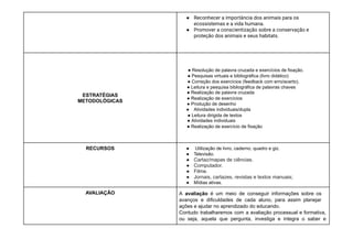 ● Reconhecer a importância dos animais para os
ecossistemas e a vida humana.
● Promover a conscientização sobre a conservação e
proteção dos animais e seus habitats.
ESTRATÉGIAS
METODOLÓGICAS
● Resolução de palavra cruzada e exercícios de fixação.
● Pesquisas virtuais e bibliográfica (livro didático)
● Correção dos exercícios (feedback com erro/acerto).
● Leitura e pesquisa bibliográfica de palavras chaves
● Realização de palavra cruzada
● Realização de exercícios
● Produção de desenho
● Atividades individuais/dupla
● Leitura dirigida de textos
● Atividades individuais
● Realização de exercício de fixação
RECURSOS ● Utilização de livro, caderno, quadro e giz.
● Televisão.
● Cartaz/mapas de ciências.
● Computador.
● Filme.
● Jornais, cartazes, revistas e textos manuais;
● Mídias ativas.
AVALIAÇÃO A avaliação é um meio de conseguir informações sobre os
avanços e dificuldades de cada aluno, para assim planejar
ações e ajudar no aprendizado do educando.
Contudo trabalharemos com a avaliação processual e formativa,
ou seja, aquela que pergunta, investiga e integra o saber e
 