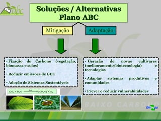 Soluções / Alternativas
                     Plano ABC
                     Mitigação             Adaptação




• Fixação de Carbono        (vegetação,   • Geração   de   novas    cultivares
biomassa e solos)                         (melhoramento/biotecnologia)       e
                                          tecnologias
• Reduzir emissões de GEE
                                          • Adaptar sistemas      produtivos    e
• Adoção de Sistemas Sustentáveis         comunidades

                                          • Prever e reduzir vulnerabilidades
 
