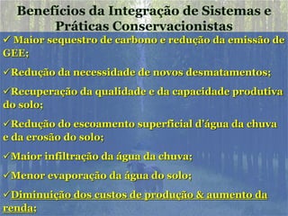 Benefícios da Integração de Sistemas e
       Práticas Conservacionistas
 Maior sequestro de carbono e redução da emissão de
GEE;
Redução da necessidade de novos desmatamentos;
Recuperação da qualidade e da capacidade produtiva
do solo;
Redução do escoamento superficial d’água da chuva
e da erosão do solo;
Maior infiltração da água da chuva;
Menor evaporação da água do solo;
Diminuição dos custos de produção & aumento da
renda;
 