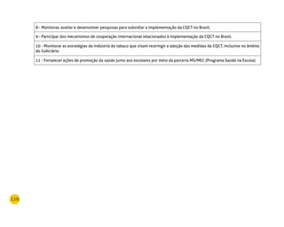 126
8 - Monitorar, avaliar e desenvolver pesquisas para subsidiar a implementação da CQCT no Brasil.
9 - Participar dos mecanismos de cooperação internacional relacionados à implementação da CQCT no Brasil.
10 - Monitorar as estratégias da indústria do tabaco que visam restringir a adoção das medidas da CQCT, inclusive no âmbito
do Judiciário.
11 - Fortalecer ações de promoção da saúde junto aos escolares por meio da parceria MS/MEC (Programa Saúde na Escola).
 