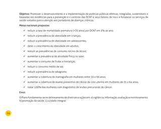 14
Objetivo: Promover o desenvolvimento e a implementação de políticas públicas efetivas, integradas, sustentáveis e
baseadas em evidências para a prevenção e o controle das DCNT e seus fatores de risco e fortalecer os serviços de
saúde voltados para a atenção aos portadores de doenças crônicas.
Metas nacionais propostas:
reduzir a taxa de mortalidade prematura (70 anos) por DCNT em 2% ao ano;	
reduzir a prevalência de obesidade em crianças;	
reduzir a prevalência de obesidade em adolescentes;	
deter o crescimento da obesidade em adultos;	
reduzir as prevalências de consumo nocivo de álcool;	
aumentar a prevalência de atividade física no lazer;	
aumentar o consumo de frutas e hortaliças;	
reduzir o consumo médio de sal;	
reduzir a prevalência de tabagismo;	
aumentar a cobertura de mamografia em mulheres entre 50 e 69 anos;	
aumentar a cobertura de exame preventivo de câncer de colo uterino em mulheres de 25 a 64 anos;	
tratar 100% das mulheres com diagnóstico de lesões precursoras de câncer.	
Eixos
OPlanofundamenta-senodelineamentodediretrizeseaçõesem:a)vigilância,informação,avaliaçãoemonitoramento;
b) promoção da saúde; c) cuidado integral.
 