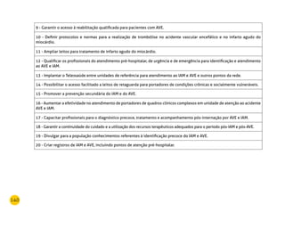 140
9 - Garantir o acesso à reabilitação qualificada para pacientes com AVE.
10 - Definir protocolos e normas para a realização de trombólise no acidente vascular encefálico e no infarto agudo do
miocárdio.
11 - Ampliar leitos para tratamento de infarto agudo do miocárdio.
12 - Qualificar os profissionais do atendimento pré-hospitalar, de urgência e de emergência para identificação e atendimento
ao AVE e IAM.
13 - Implantar o Telessaúde entre unidades de referência para atendimento ao IAM e AVE e outros pontos da rede.
14 - Possibilitar o acesso facilitado a leitos de retaguarda para portadores de condições crônicas e socialmente vulneráveis.
15 - Promover a prevenção secundária do IAM e do AVE.
16 - Aumentar a efetividade no atendimento de portadores de quadros clínicos complexos em unidade de atenção ao acidente
AVE e IAM.
17 - Capacitar profissionais para o diagnóstico precoce, tratamento e acompanhamento pós-internação por AVE e IAM.
18 - Garantir a continuidade do cuidado e a utilização dos recursos terapêuticos adequados para o período pós-IAM e pós-AVE.
19 - Divulgar para a população conhecimentos referentes à identificação precoce do IAM e AVE.
20 - Criar registros de IAM e AVE, incluindo pontos de atenção pré-hospitalar.
 