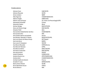 148
Colaboradores
Adriana Coser GAB/SE/MS
Adriano Massuda SE/MS
Airton Golbert SBEM
Alba Figueroa CGDANT/DASIS/SVS
Alberto Aragão SABPJ/UFRJ
Alberto José de Araujo Soc. Brasil. de Pneumologia/UFRJ
Alessandra Schneider Conass
Alexandre Seabra Abras
Alvimar Botega DAF/SCTIE/MS
Alzira de Oliveira Jorge DAE/SAS/MS
Amanda Poldi Abia
Ana Carolina Feldenheimer da Silva CGAN/DAB/MS
Ana Carolina Rios ANS
Ana Claúdia Bastos de Andrade Anvisa
Ana Daniela Rezende P. P. Neves DEGES/SGTES/MS
Ana Lucia Santos de Matos Araujo MCT/Seped
Ana Luisa Serra DAPES
Ana Luiza O. Champloni SPE/MF
Ana Marcia Messeder GPDTA/Anvisa
Ana Maria B. Menezes UFPEL
Ana Maria Cordeiro DRAC/SAS/MS
Ana Paula Cavalcante DAE/SAS/MS
Ana Vasconcelos DOGES
André D. Barbosa CGPNCH/SVS
Andreia Duarte Lins ATPCP/DAPES/SAS
Andreia Setti CGDANT/DASIS/SVS
Annibal Coelho de Amorin Fiocruz
Arnaldo R. Costa DEMAS/SE/MS
Bianca Alves Silveira SE/ME
Bruce Bartholow Ducan UFRGS
Bruna Delocco ANS
 