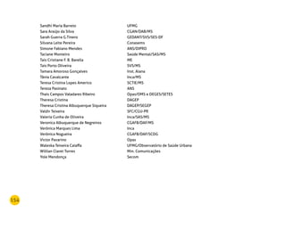 154
Sandhi Maria Barreto UFMG
Sara Araújo da Silva CGAN/DAB/MS
Sarah Guerra G.Tinero GEDANT/SVS/SES-DF
Silvana Leite Pereira Conasems
Simone Fabiano Mendes ANS/DIPRO
Taciane Monteiro Saúde Mental/SAS/MS
Tais Cristiane F. B. Barella ME
Tais Porto Oliveira SVS/MS
Tamara Amoroso Gonçalves Inst. Alana
Tânia Cavalcante Inca/MS
Teresa Cristina Lopes Americo SCTIE/MS
Tereza Pasinato ANS
Thais Campos Valadares Ribeiro Opas/OMS e DEGES/SETES
Theresa Cristina DAGEP
Theresa Cristina Albuquerque Siqueira DAGEP/SEGEP
Valdir Teixeira SFC/CGU-PR
Valeria Cunha de Oliveira Inca/SAS/MS
Veronica Albuquerque de Negreiros CGAFB/DAF/MS
Verônica Marques Lima Inca
Verônica Nogueira CGAFB/DAF/SCDG
Victor Pavarino Opas
Waleska Teixeira Caiaffa UFMG/Observatório de Saúde Urbana
Willian Claret Torres Min. Comunicações
Yole Mendonça Secom
 