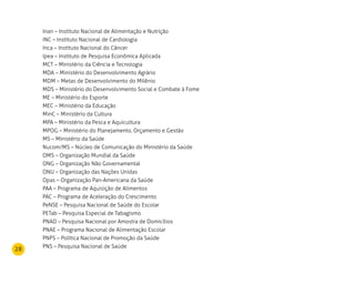 28
Inan – Instituto Nacional de Alimentação e Nutrição
INC – Instituto Nacional de Cardiologia
Inca – Instituto Nacional do Câncer
Ipea – Instituto de Pesquisa Econômica Aplicada
MCT – Ministério da Ciência e Tecnologia
MDA – Ministério do Desenvolvimento Agrário
MDM – Metas de Desenvolvimento do Milênio
MDS – Ministério do Desenvolvimento Social e Combate à Fome
ME – Ministério do Esporte
MEC – Ministério da Educação
MinC – Ministério da Cultura
MPA – Ministério da Pesca e Aquicultura
MPOG – Ministério do Planejamento, Orçamento e Gestão
MS – Ministério da Saúde
Nucom/MS – Núcleo de Comunicação do Ministério da Saúde
OMS – Organização Mundial da Saúde
ONG – Organização Não Governamental
ONU – Organização das Nações Unidas
Opas – Organização Pan-Americana da Saúde
PAA – Programa de Aquisição de Alimentos
PAC – Programa de Aceleração do Crescimento
PeNSE – Pesquisa Nacional de Saúde do Escolar
PETab – Pesquisa Especial de Tabagismo
PNAD – Pesquisa Nacional por Amostra de Domicílios
PNAE – Programa Nacional de Alimentação Escolar
PNPS – Política Nacional de Promoção da Saúde
PNS – Pesquisa Nacional de Saúde
 