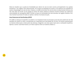 40
Deve-se ressaltar que a queda da mortalidade por câncer do colo do útero ocorreu principalmente nas capitais
brasileiras e nas regiões mais desenvolvidas, em função da ampliação do acesso e da melhoria de qualidade do
exame citopatológico do colo do útero. Todavia, a incidência de câncer do colo do útero no Brasil ainda continua uma
das mais altas do mundo. Já em relação ao câncer de mama, embora se observe recente aumento nas coberturas
autorrelatadas de mamografias (IBGE, 2010a), as taxas de mortalidade são mais elevadas nas regiões Sudeste e Sul,
mas mostram ascensão em todas as capitais e demais municípios do país.
Anos Potenciais de Vida Perdidos (APVP)
Em 2008, as doenças do aparelho circulatório e as neoplasias foram as principais causas de anos potenciais de vida
perdidos em ambos os sexos, considerando-se a expectativa de vida padrão de 70 anos. Os homens apresentaram
os maiores índices para a maior parte das doenças, chegando a ser duas vezes maior para a cardiopatia isquêmica.
Apenas o câncer colorretal mostrou um índice superior entre as mulheres (Tabela 1).
 