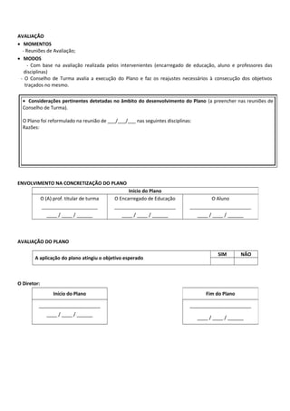 AVALIAÇÃO
• MOMENTOS
- Reuniões de Avaliação;
• MODOS
- Com base na avaliação realizada pelos intervenientes (encarregado de educação, aluno e professores das
disciplinas)
- O Conselho de Turma avalia a execução do Plano e faz os reajustes necessários à consecução dos objetivos
traçados no mesmo.
• Considerações pertinentes detetadas no âmbito do desenvolvimento do Plano (a preencher nas reuniões de
Conselho de Turma).
O Plano foi reformulado na reunião de ___/___/___ nas seguintes disciplinas:
Razões:

ENVOLVIMENTO NA CONCRETIZAÇÃO DO PLANO
O (A) prof. titular de turma

Início do Plano
O Encarregado de Educação

O Aluno

_____________________

_______________________

_______________________

____ / ____ / ______

____ / ____ / ______

____ / ____ / ______

AVALIAÇÃO DO PLANO
A aplicação do plano atingiu o objetivo esperado

SIM

NÃO

O Diretor:
Início do Plano

Fim do Plano

_______________________

_______________________

____ / ____ / ______

____ / ____ / ______

 