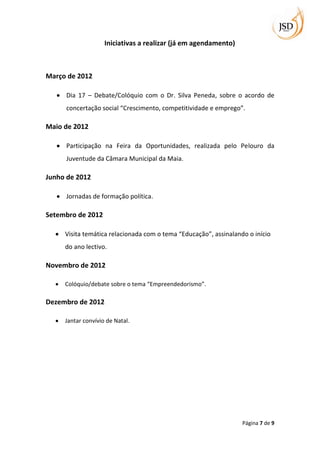 Iniciativas a realizar (já em agendamento)



Março de 2012

     Dia 17 – Debate/Colóquio com o Dr. Silva Peneda, sobre o acordo de
     concertação social “Crescimento, competitividade e emprego”.

Maio de 2012

     Participação na Feira da Oportunidades, realizada pelo Pelouro da
     Juventude da Câmara Municipal da Maia.

Junho de 2012

     Jornadas de formação política.

Setembro de 2012

     Visita temática relacionada com o tema “Educação”, assinalando o início
     do ano lectivo.

Novembro de 2012

     Colóquio/debate sobre o tema “Empreendedorismo”.

Dezembro de 2012

     Jantar convívio de Natal.




                                                                  Página 7 de 9
 