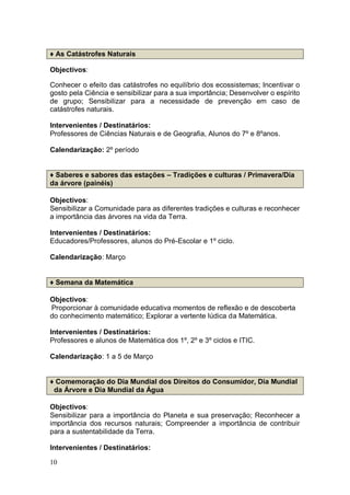 ♦ As Catástrofes Naturais

Objectivos:

Conhecer o efeito das catástrofes no equilíbrio dos ecossistemas; Incentivar o
gosto pela Ciência e sensibilizar para a sua importância; Desenvolver o espírito
de grupo; Sensibilizar para a necessidade de prevenção em caso de
catástrofes naturais.

Intervenientes / Destinatários:
Professores de Ciências Naturais e de Geografia, Alunos do 7º e 8ºanos.

Calendarização: 2º período


♦ Saberes e sabores das estações – Tradições e culturas / Primavera/Dia
da árvore (painéis)

Objectivos:
Sensibilizar a Comunidade para as diferentes tradições e culturas e reconhecer
a importância das árvores na vida da Terra.

Intervenientes / Destinatários:
Educadores/Professores, alunos do Pré-Escolar e 1º ciclo.

Calendarização: Março


♦ Semana da Matemática

Objectivos:
Proporcionar à comunidade educativa momentos de reflexão e de descoberta
do conhecimento matemático; Explorar a vertente lúdica da Matemática.

Intervenientes / Destinatários:
Professores e alunos de Matemática dos 1º, 2º e 3º ciclos e ITIC.

Calendarização: 1 a 5 de Março


♦ Comemoração do Dia Mundial dos Direitos do Consumidor, Dia Mundial
 da Árvore e Dia Mundial da Água

Objectivos:
Sensibilizar para a importância do Planeta e sua preservação; Reconhecer a
importância dos recursos naturais; Compreender a importância de contribuir
para a sustentabilidade da Terra.

Intervenientes / Destinatários:

10
 