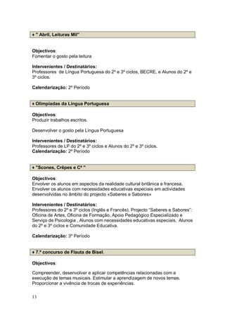 ♦ " Abril, Leituras Mil”


Objectivos:
Fomentar o gosto pela leitura

Intervenientes / Destinatários:
Professores de Língua Portuguesa do 2º e 3º ciclos, BECRE, e Alunos do 2º e
3º ciclos.

Calendarização: 2º Período


♦ Olimpíadas da Língua Portuguesa

Objectivos:
Produzir trabalhos escritos.

Desenvolver o gosto pela Língua Portuguesa

Intervenientes / Destinatários:
Professores de LP do 2º e 3º ciclos e Alunos do 2º e 3º ciclos.
Calendarização: 2º Período


♦ "Scones, Crêpes e Cª "

Objectivos:
Envolver os alunos em aspectos da realidade cultural britânica e francesa.
Envolver os alunos com necessidades educativas especiais em actividades
desenvolvidas no âmbito do projecto «Saberes e Sabores»

Intervenientes / Destinatários:
Professores do 2º e 3º ciclos (Inglês e Francês), Projecto “Saberes e Sabores”:
Oficina de Artes, Oficina de Formação, Apoio Pedagógico Especializado e
Serviço de Psicologia , Alunos com necessidades educativas especiais, Alunos
do 2º e 3º ciclos e Comunidade Educativa.

Calendarização: 3º Período


♦ 7.º concurso de Flauta de Bisel.

Objectivos:

Compreender, desenvolver e aplicar competências relacionadas com a
execução de temas musicais. Estimular a aprendizagem de novos temas.
Proporcionar a vivência de trocas de experiências.


13
 