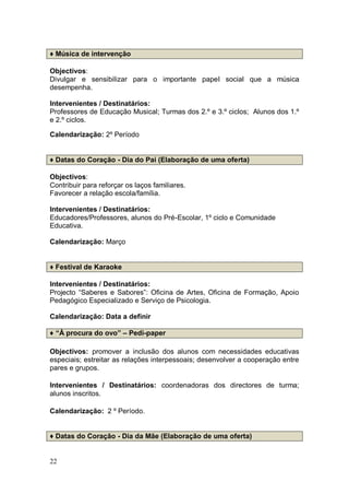 ♦ Música de intervenção

Objectivos:
Divulgar e sensibilizar para o importante papel social que a música
desempenha.

Intervenientes / Destinatários:
Professores de Educação Musical; Turmas dos 2.º e 3.º ciclos; Alunos dos 1.º
e 2.º ciclos.

Calendarização: 2º Período


♦ Datas do Coração - Dia do Pai (Elaboração de uma oferta)

Objectivos:
Contribuir para reforçar os laços familiares.
Favorecer a relação escola/família.

Intervenientes / Destinatários:
Educadores/Professores, alunos do Pré-Escolar, 1º ciclo e Comunidade
Educativa.

Calendarização: Março


♦ Festival de Karaoke

Intervenientes / Destinatários:
Projecto “Saberes e Sabores”: Oficina de Artes, Oficina de Formação, Apoio
Pedagógico Especializado e Serviço de Psicologia.

Calendarização: Data a definir

♦ “À procura do ovo” – Pedi-paper

Objectivos: promover a inclusão dos alunos com necessidades educativas
especiais; estreitar as relações interpessoais; desenvolver a cooperação entre
pares e grupos.

Intervenientes / Destinatários: coordenadoras dos directores de turma;
alunos inscritos.

Calendarização: 2 º Período.


♦ Datas do Coração - Dia da Mãe (Elaboração de uma oferta)


22
 