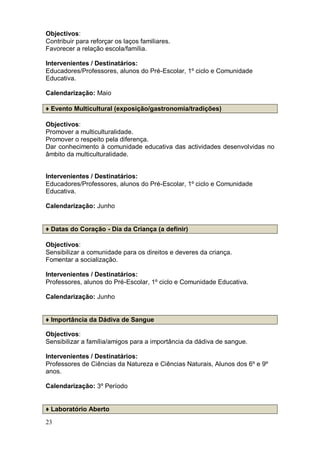 Objectivos:
Contribuir para reforçar os laços familiares.
Favorecer a relação escola/família.

Intervenientes / Destinatários:
Educadores/Professores, alunos do Pré-Escolar, 1º ciclo e Comunidade
Educativa.

Calendarização: Maio

♦ Evento Multicultural (exposição/gastronomia/tradições)

Objectivos:
Promover a multiculturalidade.
Promover o respeito pela diferença.
Dar conhecimento à comunidade educativa das actividades desenvolvidas no
âmbito da multiculturalidade.


Intervenientes / Destinatários:
Educadores/Professores, alunos do Pré-Escolar, 1º ciclo e Comunidade
Educativa.

Calendarização: Junho


♦ Datas do Coração - Dia da Criança (a definir)

Objectivos:
Sensibilizar a comunidade para os direitos e deveres da criança.
Fomentar a socialização.

Intervenientes / Destinatários:
Professores, alunos do Pré-Escolar, 1º ciclo e Comunidade Educativa.

Calendarização: Junho


♦ Importância da Dádiva de Sangue

Objectivos:
Sensibilizar a família/amigos para a importância da dádiva de sangue.

Intervenientes / Destinatários:
Professores de Ciências da Natureza e Ciências Naturais, Alunos dos 6º e 9º
anos.

Calendarização: 3º Período


♦ Laboratório Aberto

23
 