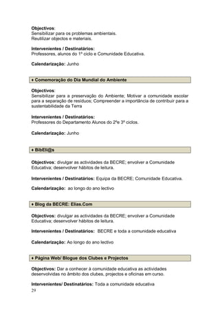 Objectivos:
Sensibilizar para os problemas ambientais.
Reutilizar objectos e materiais.

Intervenientes / Destinatários:
Professores, alunos do 1º ciclo e Comunidade Educativa.

Calendarização: Junho


♦ Comemoração do Dia Mundial do Ambiente

Objectivos:
Sensibilizar para a preservação do Ambiente; Motivar a comunidade escolar
para a separação de resíduos; Compreender a importância de contribuir para a
sustentabilidade da Terra

Intervenientes / Destinatários:
Professores do Departamento Alunos do 2ºe 3º ciclos.

Calendarização: Junho


♦ BibEli@s

Objectivos: divulgar as actividades da BECRE; envolver a Comunidade
Educativa; desenvolver hábitos de leitura.

Intervenientes / Destinatários: Equipa da BECRE; Comunidade Educativa.

Calendarização: ao longo do ano lectivo


♦ Blog da BECRE: Elias.Com

Objectivos: divulgar as actividades da BECRE; envolver a Comunidade
Educativa; desenvolver hábitos de leitura.

Intervenientes / Destinatários: BECRE e toda a comunidade educativa

Calendarização: Ao longo do ano lectivo


♦ Página Web/ Blogue dos Clubes e Projectos

Objectivos: Dar a conhecer à comunidade educativa as actividades
desenvolvidas no âmbito dos clubes, projectos e oficinas em curso.

Intervenientes/ Destinatários: Toda a comunidade educativa
29
 