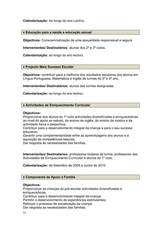 Calendarização: Ao longo do ano Lectivo


♦ Educação para a saúde e educação sexual

Objectivos: Consciencialização de uma sexualidade responsável e segura

Intervenientes/ Destinatários: alunos dos 2º e 3º ciclos.

Calendarização: ao longo do ano lectivo.


♦ Projecto Mais Sucesso Escolar

Objectivos: contribuir para a melhoria dos resultados escolares dos alunos em
Língua Portuguesa, Matemática e Inglês de turmas do 5º e 9º ano.

Intervenientes/ Destinatários: alunos das turmas designadas.

Calendarização: ao longo do ano lectivo.


♦ Actividades de Enriquecimento Curricular

Objectivos:
Proporcionar aos alunos do 1º ciclo actividades diversificadas e enriquecedoras
ao nível do apoio ao estudo, do ensino do inglês, do ensino da música e da
actividade física e desportiva;
Contribuir para o desenvolvimento integral da criança e para o seu sucesso
educativo;
Garantir uma complementaridade entre as aprendizagens dos alunos e a
aquisição de competências básicas;
Dar resposta às necessidades das famílias.


Intervenientes/ Destinatários: professores titulares de turma, professores das
Actividades de Enriquecimento Curricular e alunos do 1º ciclo.

Calendarização: de Setembro de 2009 a Junho de 2010.


♦ Componente de Apoio à Família

Objectivos:
Proporcionar às crianças do pré-escolar actividades diversificadas e
enriquecedoras;
Contribuir para o desenvolvimento integral da criança;
Permitir o desenvolvimento de experiências estimulantes;
Reforçar o processo de socialização da criança;
Dar resposta às necessidades das famílias.
31
 