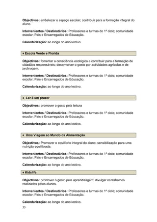 Objectivos: embelezar o espaço escolar; contribuir para a formação integral do
aluno.

Intervenientes / Destinatários: Professores e turmas do 1º ciclo; comunidade
escolar; Pais e Encarregados de Educação.

Calendarização: ao longo do ano lectivo.


♦ Escola Verde e Florida

Objectivos: fomentar a consciência ecológica e contribuir para a formação de
cidadãos responsáveis; desenvolver o gosto por actividades agrícolas e de
jardinagem.

Intervenientes / Destinatários: Professores e turmas do 1º ciclo; comunidade
escolar; Pais e Encarregados de Educação.

Calendarização: ao longo do ano lectivo.


♦ Ler é um prazer

Objectivos: promover o gosto pela leitura

Intervenientes / Destinatários: Professores e turmas do 1º ciclo; comunidade
escolar; Pais e Encarregados de Educação.

Calendarização: ao longo do ano lectivo.


♦ Uma Viagem ao Mundo da Alimentação

Objectivos: Promover o equilíbrio integral do aluno; sensibilização para uma
nutrição equilibrada.

Intervenientes / Destinatários: Professores e turmas do 1º ciclo; comunidade
escolar; Pais e Encarregados de Educação.

Calendarização: ao longo do ano lectivo.

♦ Kidslife

Objectivos: promover o gosto pela aprendizagem; divulgar os trabalhos
realizados pelos alunos.

Intervenientes / Destinatários: Professores e turmas do 1º ciclo; comunidade
escolar; Pais e Encarregados de Educação.

Calendarização: ao longo do ano lectivo.
33
 