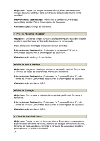 Objectivos: Ocupar dos tempos livres dos alunos; Promover o equilíbrio
integral do aluno; Contribuir para a vivência da sexualidade de uma forma
saudável.

Intervenientes / Destinatários: Professores e turmas dos 2º/3º ciclos;
comunidade escolar; Pais e Encarregados de Educação.

Calendarização: ao longo do ano lectivo.


♦ Projecto “Saberes e Sabores”

Objectivos: Ocupar os tempos livres dos alunos; Promover o equilíbrio integral
do aluno; contribuir para a integração dos alunos na comunidade.

Inclui a Oficina de Formação e Oficina de Sons e Sentidos.

Intervenientes / Destinatários: Professores e turmas dos 2º/3º ciclos;
comunidade escolar; Pais e Encarregados de Educação.

Calendarização: ao longo do ano lectivo.


Oficina de Sons e Sentidos

Objectivos: integrar as diferenças através da expressão musical; Proporcionar
a vivência de trocas de experiências. Promover a tolerância.

Intervenientes / Destinatários: Professores de Educação Musical 3.º ciclo;
Turmas do 3.º ciclo; Comunidade escolar; Pais e Encarregados de Educação.

Calendarização: em data a definir.


Oficina de Formação

Objectivos: Proporcionar a vivência de trocas de experiências. Promover a
tolerância.

Intervenientes / Destinatários: Professores de Educação Musical 3.º ciclo;
Turmas do 3.º ciclo; Comunidade escolar; Pais e Encarregados de Educação.

Calendarização: em data a definir.


♦ Clube de Hortofloricultura

Objectivos: Ocupar os tempos livres dos alunos; Promover a conservação da
biodiversidade existente na escola; melhorar os espaços exteriores da Escola,
tornando-os mais agradáveis; fomentar a harmonia da comunidade escolar e
promover uma consciência ambiental;
36
 