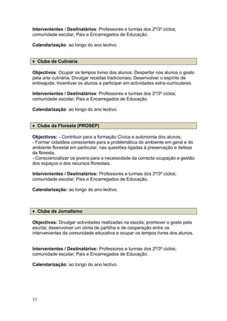 Intervenientes / Destinatários: Professores e turmas dos 2º/3º ciclos;
comunidade escolar; Pais e Encarregados de Educação.

Calendarização: ao longo do ano lectivo.


♦ Clube de Culinária

Objectivos: Ocupar os tempos livres dos alunos; Despertar nos alunos o gosto
pela arte culinária; Divulgar receitas tradicionais; Desenvolver o espírito de
entreajuda; Incentivar os alunos a participar em actividades extra-curriculares

Intervenientes / Destinatários: Professores e turmas dos 2º/3º ciclos;
comunidade escolar; Pais e Encarregados de Educação.

Calendarização: ao longo do ano lectivo.


♦ Clube da Floresta (PROSEP)

Objectivos: - Contribuir para a formação Cívica e autonomia dos alunos.
- Formar cidadãos conscientes para a problemática do ambiente em geral e do
ambiente florestal em particular, nas questões ligadas à preservação e defesa
da floresta.
- Consciencializar os jovens para a necessidade da correcta ocupação e gestão
dos espaços e dos recursos florestais.

Intervenientes / Destinatários: Professores e turmas dos 2º/3º ciclos;
comunidade escolar; Pais e Encarregados de Educação.

Calendarização: ao longo do ano lectivo.



♦ Clube de Jornalismo

Objectivos: Divulgar actividades realizadas na escola; promover o gosto pela
escrita; desenvolver um clima de partilha e de cooperação entre os
intervenientes da comunidade educativa e ocupar os tempos livres dos alunos.


Intervenientes / Destinatários: Professores e turmas dos 2º/3º ciclos;
comunidade escolar; Pais e Encarregados de Educação.

Calendarização: ao longo do ano lectivo.




37
 