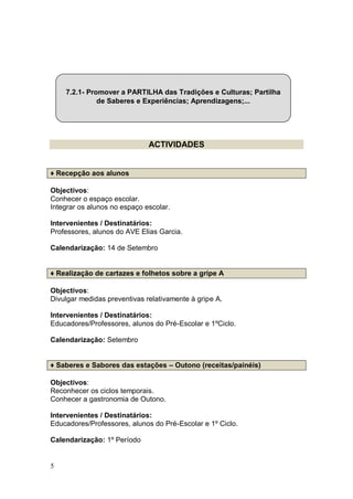 7.2.1- Promover a PARTILHA das Tradições e Culturas; Partilha
              de Saberes e Experiências; Aprendizagens;...




                              ACTIVIDADES


♦ Recepção aos alunos

Objectivos:
Conhecer o espaço escolar.
Integrar os alunos no espaço escolar.

Intervenientes / Destinatários:
Professores, alunos do AVE Elias Garcia.

Calendarização: 14 de Setembro


♦ Realização de cartazes e folhetos sobre a gripe A

Objectivos:
Divulgar medidas preventivas relativamente à gripe A.

Intervenientes / Destinatários:
Educadores/Professores, alunos do Pré-Escolar e 1ºCiclo.

Calendarização: Setembro


♦ Saberes e Sabores das estações – Outono (receitas/painéis)

Objectivos:
Reconhecer os ciclos temporais.
Conhecer a gastronomia de Outono.

Intervenientes / Destinatários:
Educadores/Professores, alunos do Pré-Escolar e 1º Ciclo.

Calendarização: 1º Período


5
 